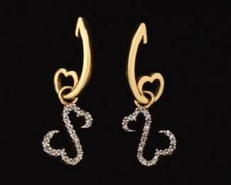 Ladies Pair of Gold and Diamond Scroll Double Heart Earrings