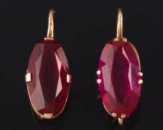 Ladies Vintage Pair of Gold and Lab Grown Ruby Earrings