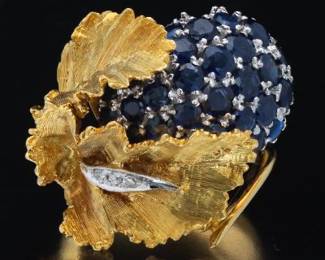 Ladies TwoTone Gold, Blue Sapphire and Diamond FloralFoliate Ring