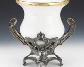 Art Nouveau Silvered Pewter and Glass Centerpiece Bowl