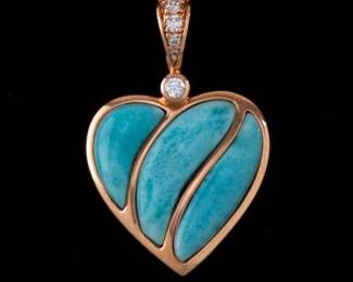 Ladies Gold, Diamond and Larimar Gem Stone Heart Pendant