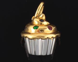 Tiffany Co. Adorable Twotone Gold and Gem Stones Cupcake Charm