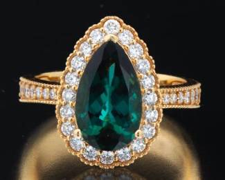 Ladies Gold, Greenish Blue Tourmaline and Diamond Ring