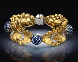 Ladies Italian TwoTone Gold, Blue Sapphire and Diamond FloralFoliate Design Bracelet
