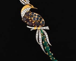 Spectacular Platinum, Gold, Mughal Style Carved Rubies and Green Chrysoprase, Blue Sapphires and Diamonds Bird of Paradise Oversized Brooch