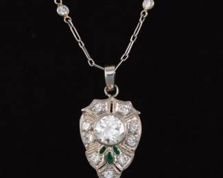 Ladies Retro Platinum, Diamond and Emerald Pendant on Diamond by the Yard Chain
