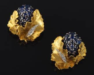 Ladies Italian Pair of Gold, Blue Sapphire and Diamond FloralFoliate Earrings