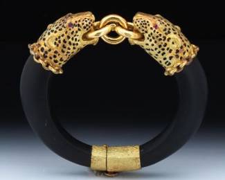 Gay Freres Design Vintage 18K Gold, Ruby and Ebony Panther Bangle