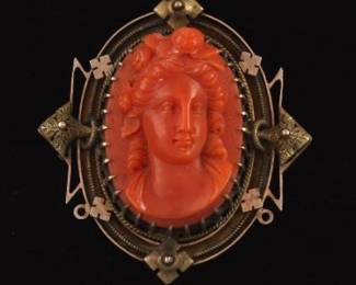 Victorian Carved Coral Cameo and Gold Brooch
