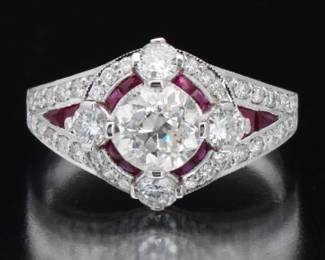 Art Deco Style 1.12 Carat Center Diamond, and Ruby Ring