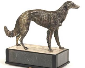 Antique Silvered Metal Sculpture of Borzoi Wolfhound, on Marble Wood Pedestal, ca. 19th Century