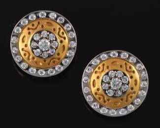 Ladies Pair of TwoTone Gold and Clear Stones Earrings