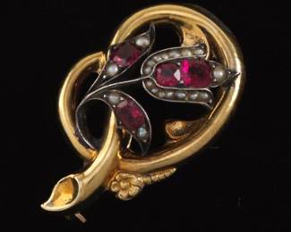 Victorian Gold, Pearl, and Ruby Brooch