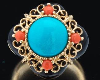 Ladies Gold, Black Onyx, Turquoise and Coral Ring