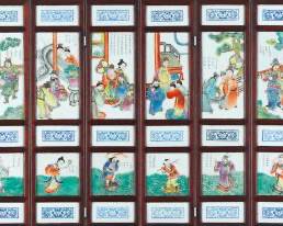 Chinese Porcelain Tiles and Wood EightPanel Wall Hang Screen, Late Qing
