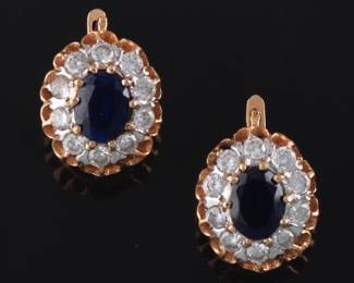 Ladies Pair of Gold, Blue Sapphire and Clear Stone Earrings