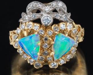 Ladies Retro Gold, Twin Opal and Diamond Ring