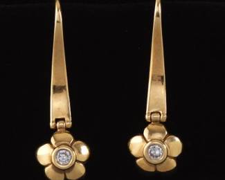 Ladies Vintage Pair of Gold and Diamond and Floral Earrings