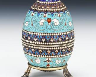 Russian Faberge Style Gustav Klingert Enameled Silver Egg on Stand