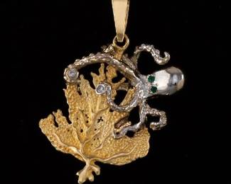 Ladies TwoTone Gold, Diamond and Emerald Octopus Pendant on Chain