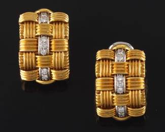 Roberto Coin Pair of TwoTone Gold, Ruby and Diamond Basket Weave Earrings