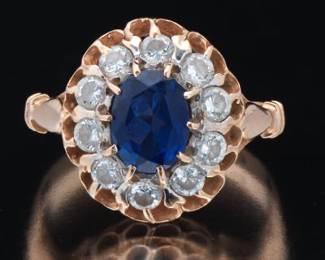 Ladies Gold, Blue Sapphire and Clear Stones Ring
