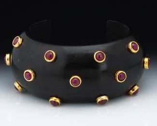 French LOree Du Bois Exotic Wood, Gold Plate and Ruby Fashion Bangle