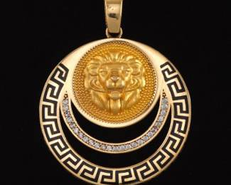 Ladies 18K Gold, Enamel and Clear Stones Lion Head Pendant on Chain