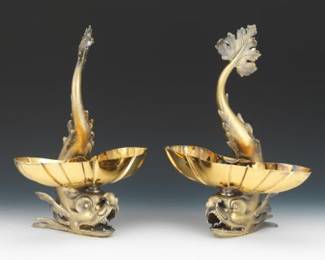 Tiffany Co. Italy Pair of Sterling Silver Gold Washed Porpoise Epergnes