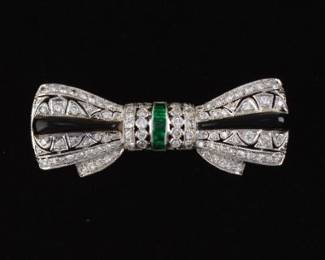 Add Deco Gold, Diamond, Emerald and Black Onyx Bow Pin Brooch