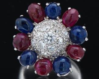 Ladies Platinum, Diamond , Ruby and Blue Sapphire Floral Design Ring