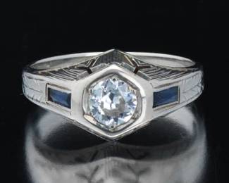 Ladies Art Deco Gold, Diamond and Blue Sapphire Ring