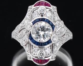 Art Deco Style 1.04 Carat Center Diamond, Sapphire and Ruby Ring