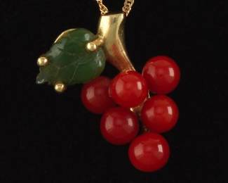 Ladies Coral and Jade Grape Cluster Pendant on Chain
