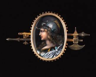 Antique Gold, Silver and Limoges Enamel Goddess Minerva Pin Brooch