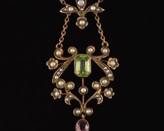 Victorian English Gold, Peridot, Pink Tourmaline and Seed Pearls Lavalier Necklace