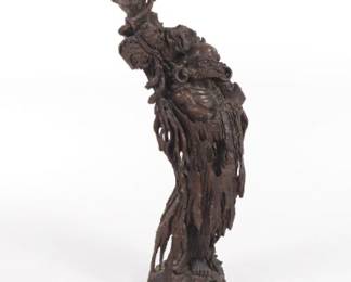 Chinese Monumental Half Human Size Carved Wood Stump Sculpture of Arhat, Late Qing
