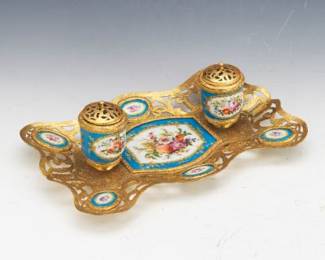 French DOre Bronze and Hand Painted Porcelain Double Inkwell Standish