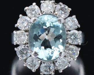 Ladies Gold, Aquamarine and Diamond Ring