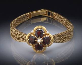 Ladies Retro Gold, Garnet and Seed Pearl Bracelet