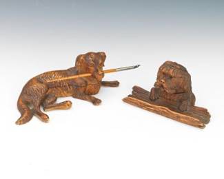Two Black Forest Carved Wood Dog Inkwells
