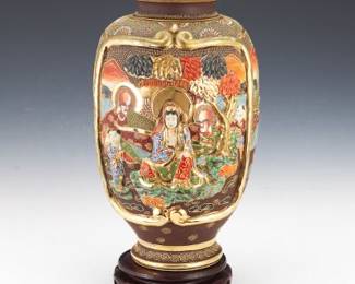 Japanese Large Satsuma Kinzan Ceramic Vase, Meiji, on Wooden Stand
