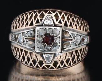 Ladies Gold, Rose Cut Diamond and Ruby Ring