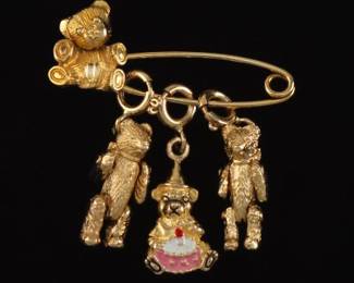 Beverly Hills Gold Teddy Bear Safety Pin with Teddy Bear Charms