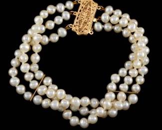 Ladies Gold and Pearl ThreeStrand Bracelet