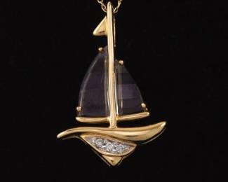 Ladies Gold, Blue Topaz and Diamond Sail Boat Pendant on Chain