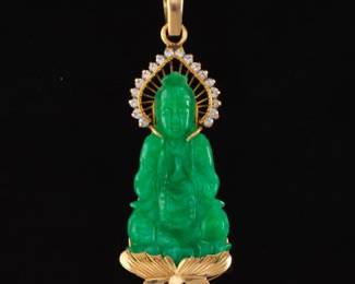 Ladies Gold, Green Jade Goddess of Compassion Guanyin and White Topaz Pendant