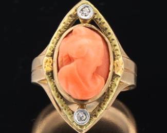 Antique Coral Cameo and Diamond Ring