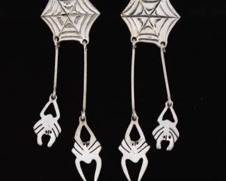 Ladies Pair of Sterling Silver Spider Web and Spiders Dangle Earrings