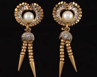 A Pair of Retro Gold and Pearl Drop Earrings